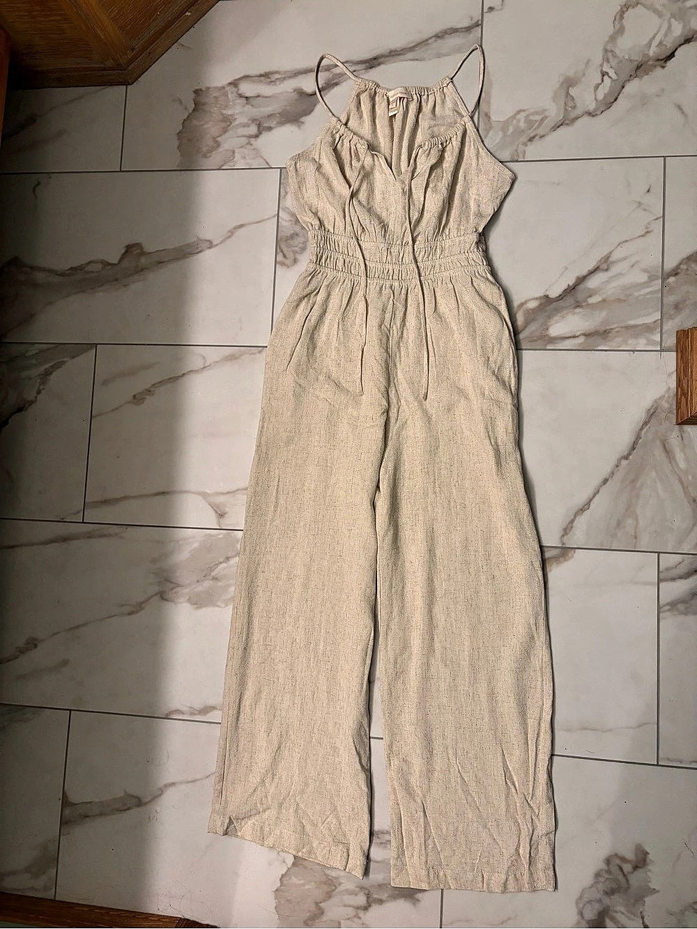 Monteau Los Angeles Linen-Look Wide Leg Jumpsuit Romper in Beige Size Small